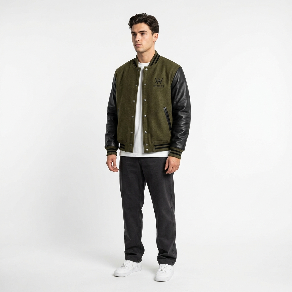 Wholesale Premium Olive & Black Varsity Jacket - Custom Manufacturing