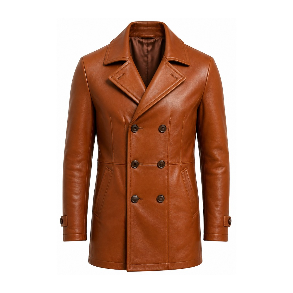 Tan Brown Double-Breasted Leather Coat - Power Wear Industry